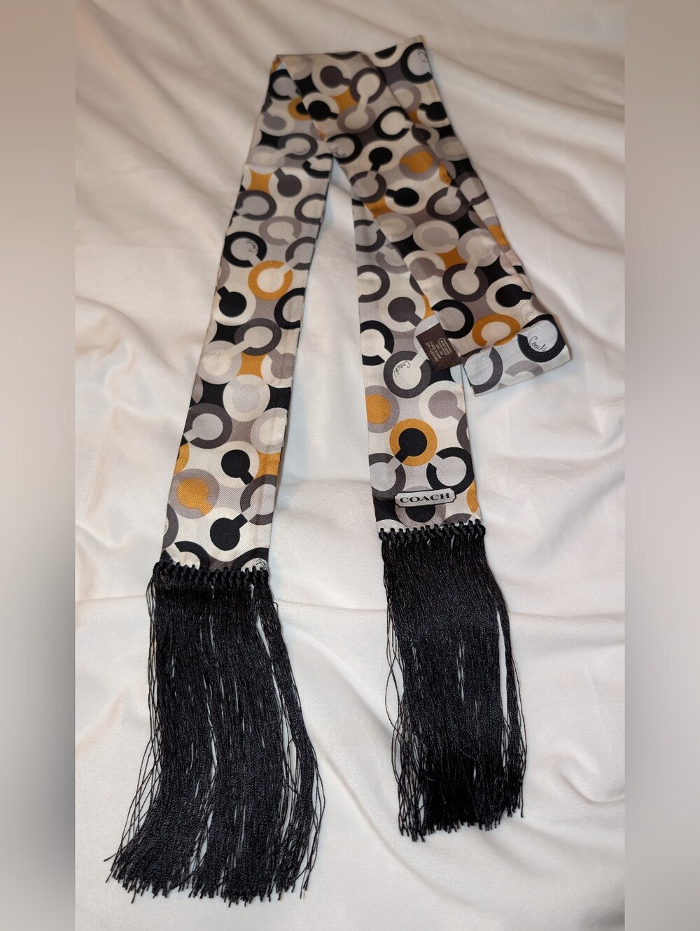 COACH Women's Signature Print Silk Fringe Scarf 72" X 2.5" Black Gray Gold EUC